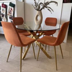 Modern Glass Dining Table, Gold Metal Base - Excellent Condition