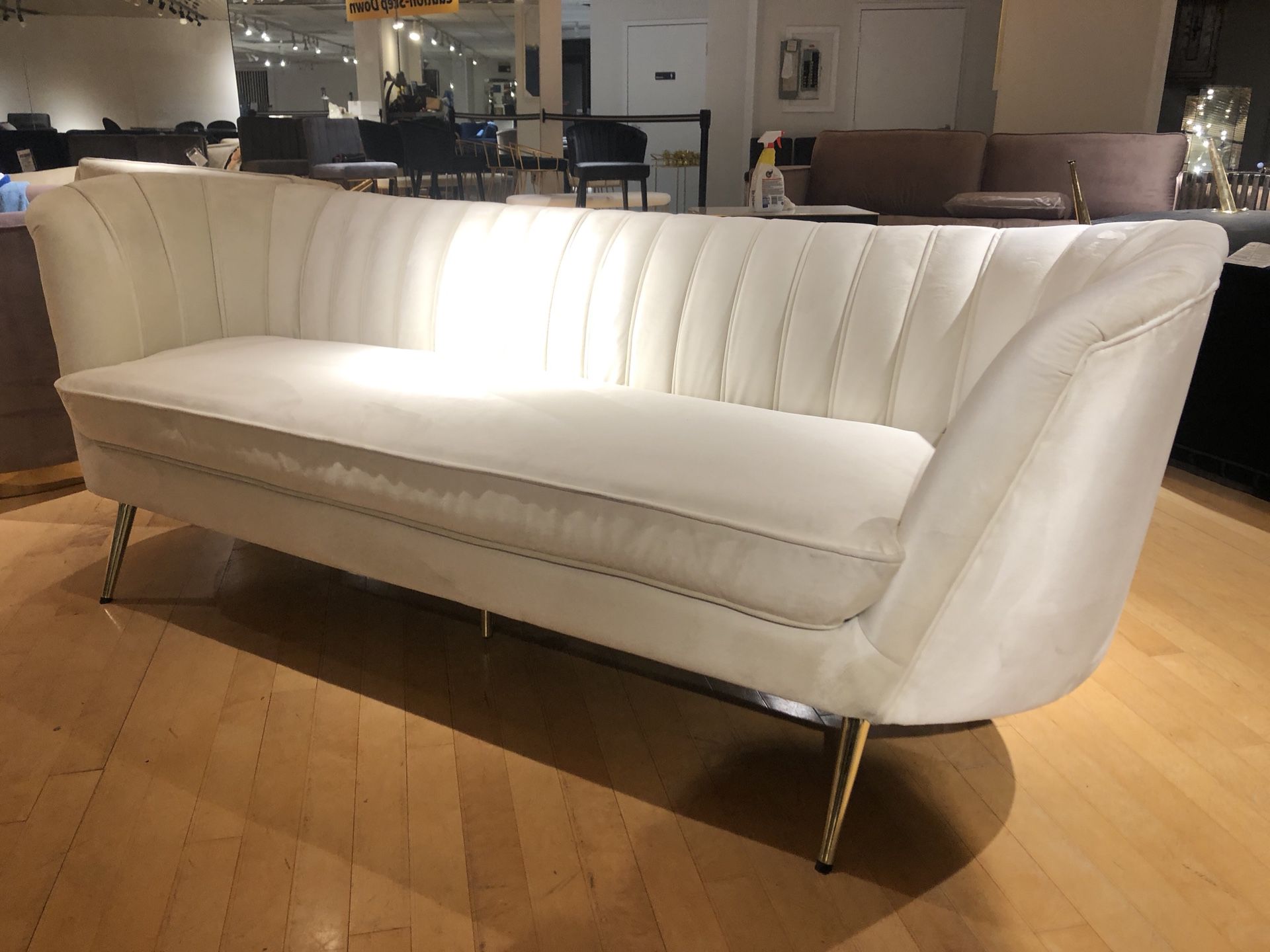 White ultra suede sofa couch on gold legs