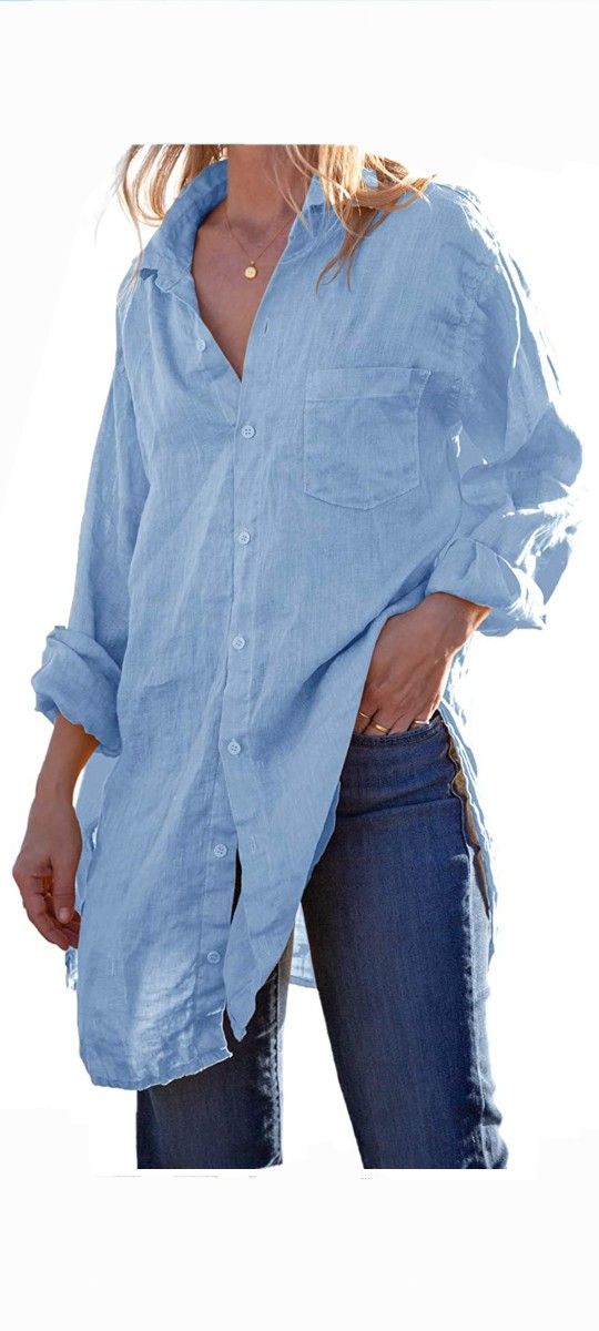 Runcati Women's Button Down Shirt, Linen Cotton Tunic Tops Beach Bikini Dress