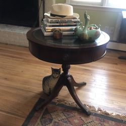Round Leather Top Drum Style Antique Table