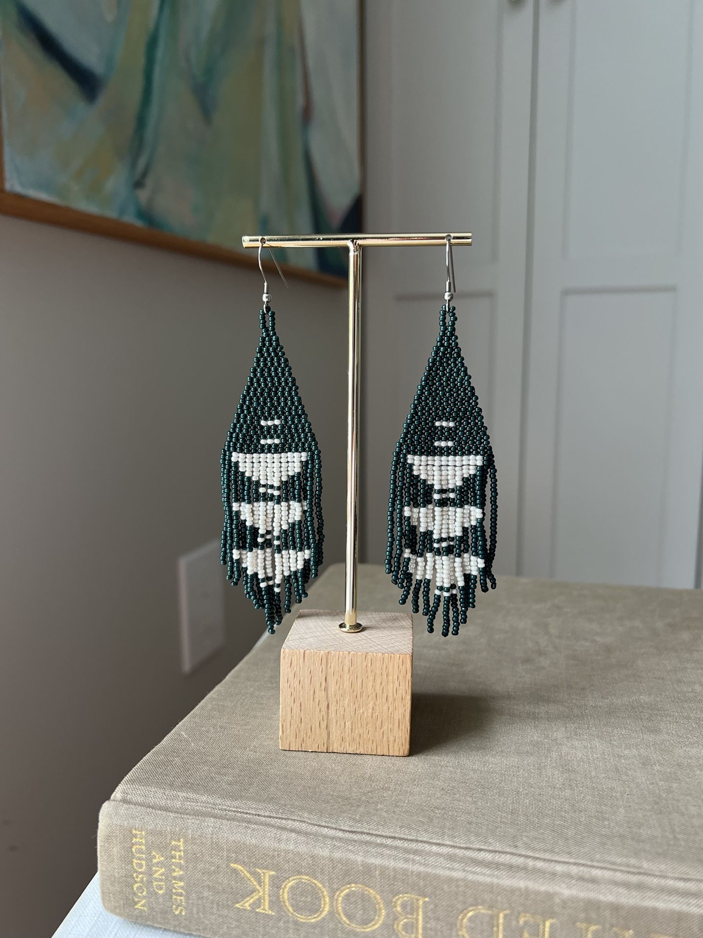 Large Color block Beaded Dangle Earrings ( H5” ) firm on price