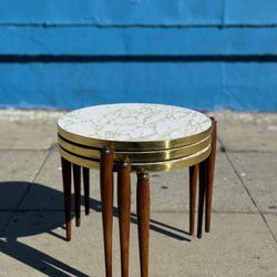 Vintage Set Of 3 Marble Formica & Walnut Nesting Tables