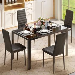 Kitchen Dining Room Table Set, Table and 4 Faux Leather Tufted Cushioned Chairs - Modern