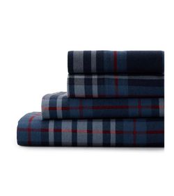 Brand New King Size 4-Piece Set Cuddl Duds Printed Flannel Sheet Set - Navy And Red Plaid