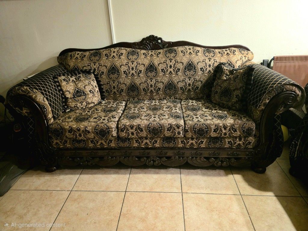 Victorian Style Sofa & Loveseat Set – Carved Wood, Damask Fabric – Clean & Sturdy