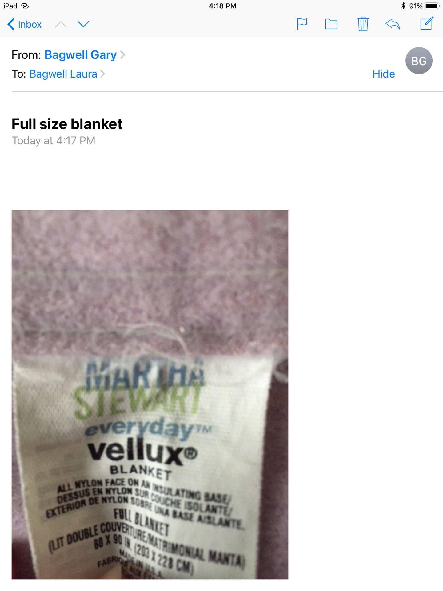 Full size Martha Stewart vellux blanket in lilac color