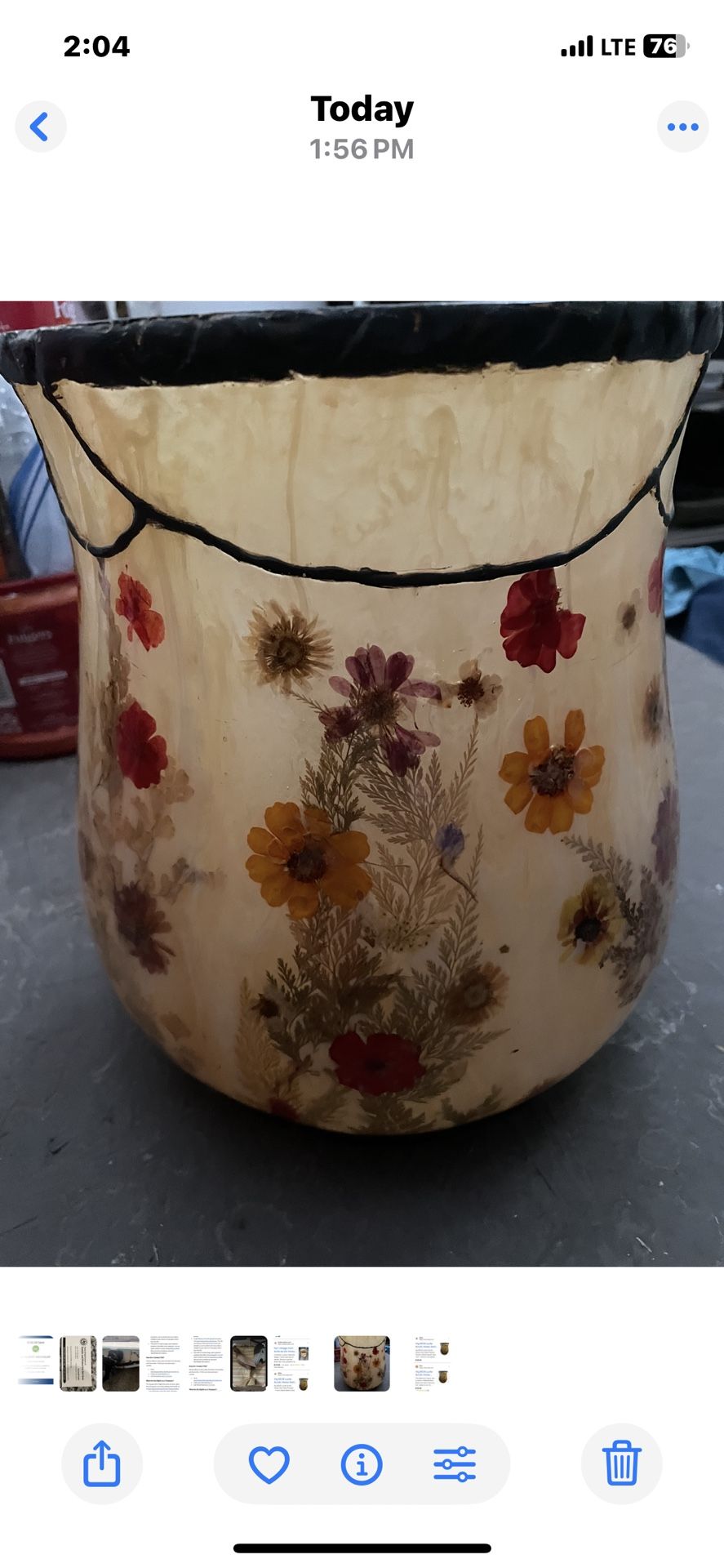 1970’s VASE - WASTEBASKET PRESSED FLOWERS $75