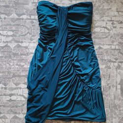 Teal Women's Small Asymmetrical Strapless Draped Dress