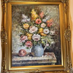 Original Oil Painting by T. Denver – Floral Still Life on Canvas – Framed Wall Art 