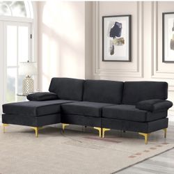 Modern Velvet Large Sectional Sofa With Gold Legs, Black New
