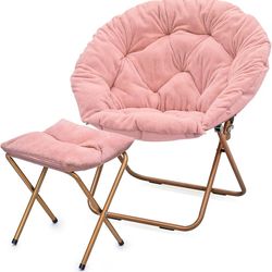MoNiBloom Round Folding Faux Fur Saucer Chair for Bedroom Living Room Dorm Foldable Metal Frame Oversized Large Comfy Furry Padded Soft Cozy Moon Chai