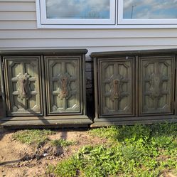 Antique Jade End Tables With Storage Cabinets (set of 2)
