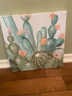 Southwest cactus 20 inch wall art painting on canvas with wood. Good condition.
