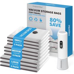 Brand New Travel Vacuum Bags with -60000Pa LED Electric Pump, 9 Pack Vacuum Seal Bags for Clothing Travel in 3 Combo sizes, Space Saver Vacuum Storage