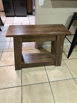 Wood End Table, Small Side Table With 2 Storage Shelves