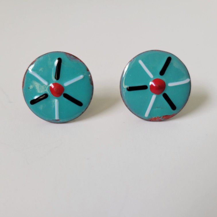Vintage Copper and Enamel Screwback Earrings Round Turquoise Color .75 Inches