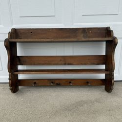 Vintage Farmhouse Plate Rack Wall Shelf w/ Pegs – Rustic Wood Cottage Decor