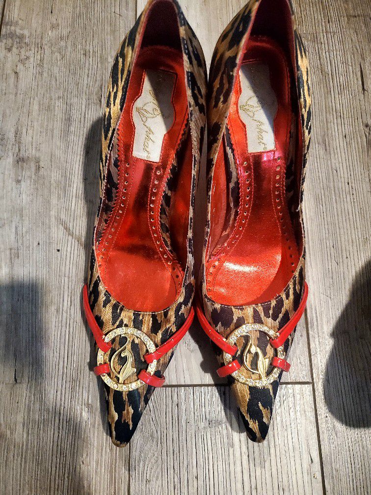 BABY PHAT Gorgeous Kimora Lee Simmons style, animal print black, red and gold color womens high heels Shoes size 6B” 