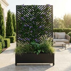 Metal Planter Box with Trellis, 73"x47"x16" Metal Raised Garden Bed with Trellis, Metal Planter Box with Drainage Holes & Lockable Wheels & Privacy Sc