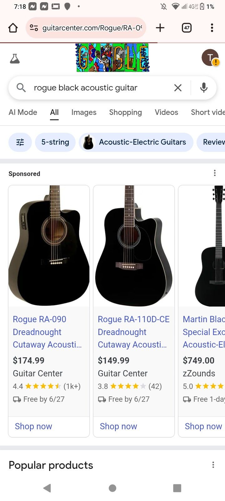 ROGUE ACOUSTIC GUITAR BLACK (NEGRO)