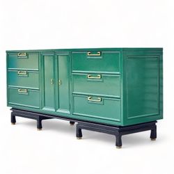 Long Green Vintage Triple Dresser Lacquer High Gloss Wood Bedroom Furniture Credenza Buffet Sideboard