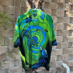 Vintage Kustom Threads Green Blue Graphic Dragon samurai button up shirt
