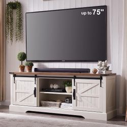 66 inch TV Stand with Storage Cabinets and Sliding Barn Doors for Living Room or Bedroom in Bright White