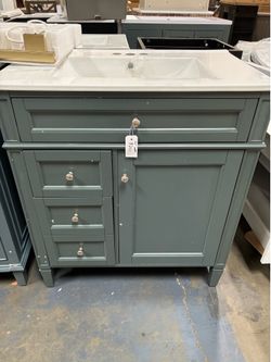 Newly Assembled Solid Wood Frame 30 Inch Gray Green Bathroom Vanity with Ceramic Sink