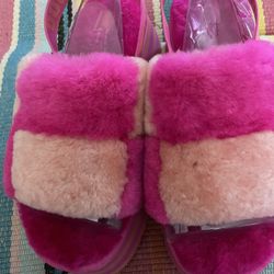 UGG CORAL ROSE DISCO CHECKER FLUFF SLIDE SLIPPER SANDALS SZ 8