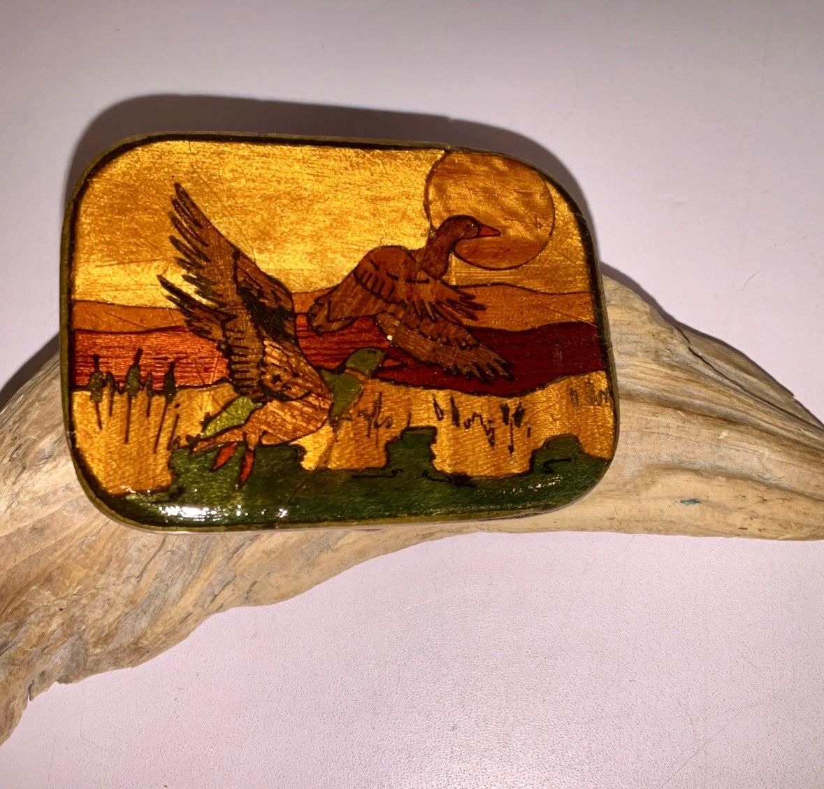 Vintage Harmony Metal Solid Brass Belt Buckle Colorado USA Ducks Hunting Scene
