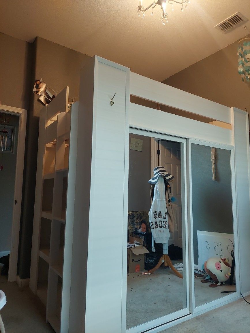  White Finish LOFT bed with shelves.