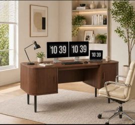 Desk with Outlets, Home Office Desk, Walnut
Wood Executive Desks with 2 Storage Cabinets, Mid Century Modern Large Desk with Metal Legs for Working, S
