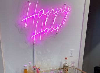 Custom Pink “Happy Hour” LED Neon Sign (Needs Power Cord Repair)
