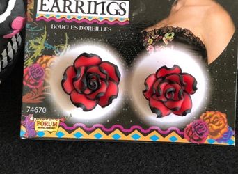 Stunning Day of the Dead Catrina Red and Black Rose Earrings
