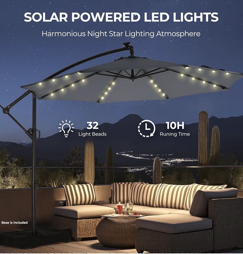 10ft Solar Lights Offset Cantilever Patio Umbrella - with Light and Base,  LED Lighted Offset Hanging Patio Outdoor Market Umbrella UPF50+ UV Protectio