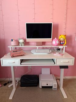 White Electric Standing Desk – Height Adjustable with Drawers