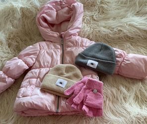 Kids Pink Puffer Jacket with Beanies and Gloves