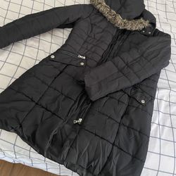 Black Faux Fur Trim Hooded Longline Puffer Coat