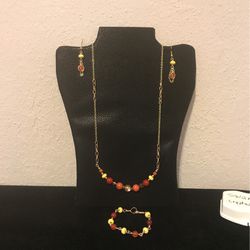 necklace, earrings and bracelet, agate, coral and swarovski crystal set