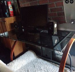 Desk with Speakers and monitor