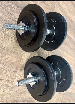 Set Of Cast Iron Standard (1.2 Inch) Dumbbells With 4 Weight Plates Of 10,  And 4 Of 5  Pounds.