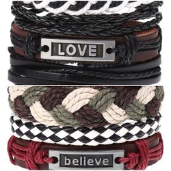 2 x Set Adjust. Size up to 9.5inc Leather Bracelet, (Love-Believe_1)