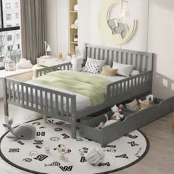 Full Size Wood Platform Bed with Guardrails, Storage Drawers, and Minimalist Headboard Grey