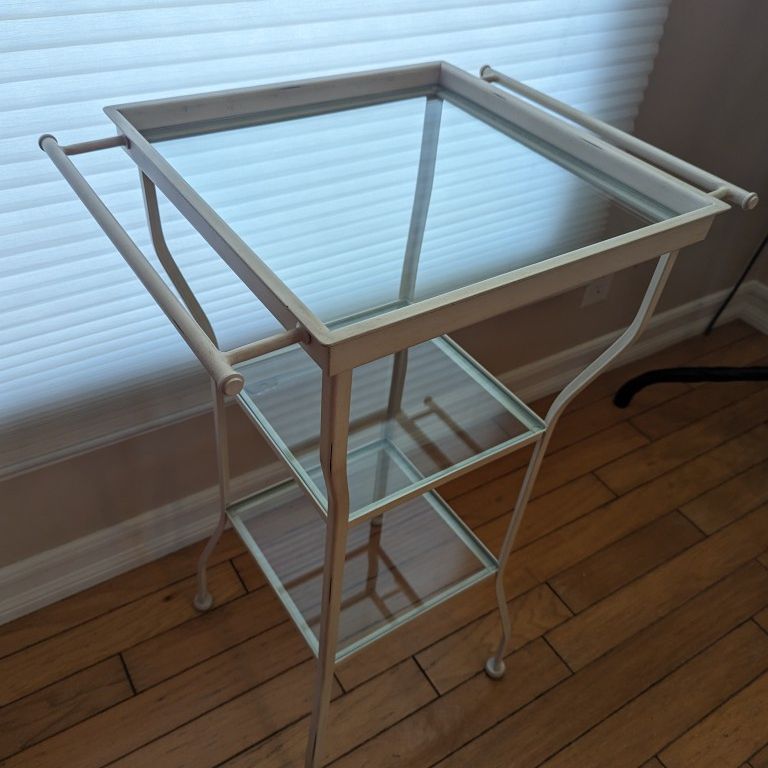 Pottery Barn metal and glass 3-tiered side table for bathroom/kitchen/office. Like new.