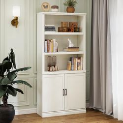 70 Inch Tall Bookcase with Doors, Library Office Bookshelf with Adjustable Shelves, Floor Standing Storage Cabinet for Bedroom Living Room Organizer w