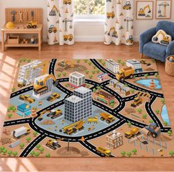 Kids’ Construction Site Play Rug with Vehicles, Non-Slip, 5 x 7 ft Easy-to-clean faux wool rug featuring a fun construction site design, colorful vehi