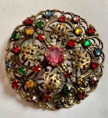 Antique Vintage Art Deco Czech Glass Fruit Salad Rhinestone Filigree Pin Brooch.