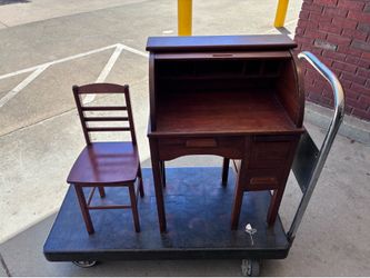 Vintage children’s wood roll top writing desk and chair