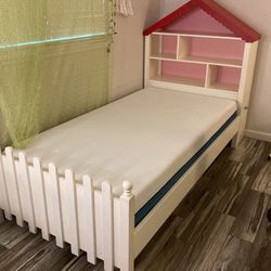 Twin Size Pink White And Red Shelf House Picket Fence Bed Frame Kids 