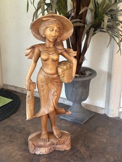 Balinese Woman w/Basket Statue Wood Carving